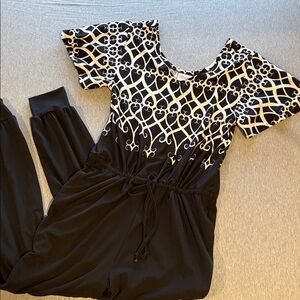 LuLaRoe Black Jumpsuit with White Lattice Pattern + Pockets